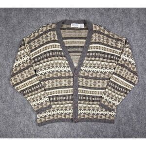 Vintage New Era Cardigan Sweater Mens Medium Brown Geometric Fair Isle Made USA